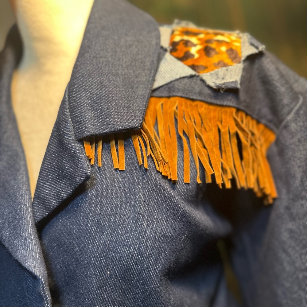 Oversized One-of-a-Kind Denim western Fringe Western Blazer  women size xl - Picture 12 of 16